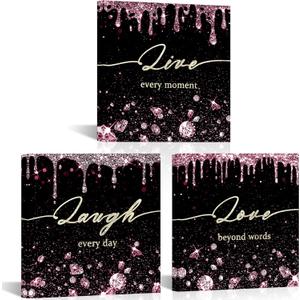 Conipit Pink Glam Canvas Wall Art Laugh Live Love Inspirational 3 Pictures Frame Fashion Art Modern Artwork Black White Pink Glitter Paintings For Girl's Bedroom Wall Decor（12'' x 12'' x 3pcs)