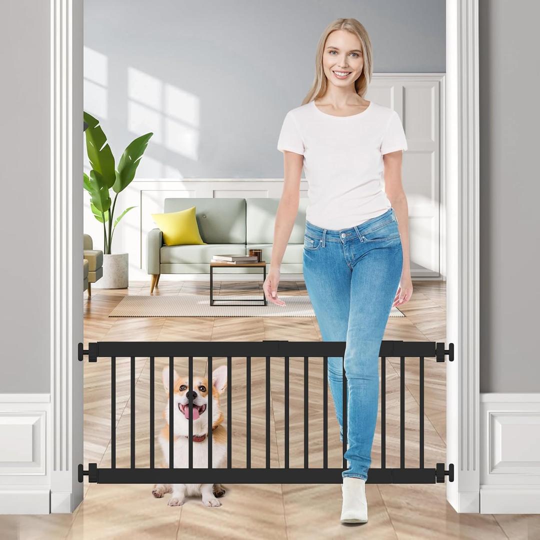 Dog Gate Indoor, 18"-45" Adjustable Extra Wide Metal Short Dog Gate to Step Over, 14" Tall Small Pet Gate with 3 Extension Kits, Pressure Mounted Dog Gate for Doorways & Stairs Black