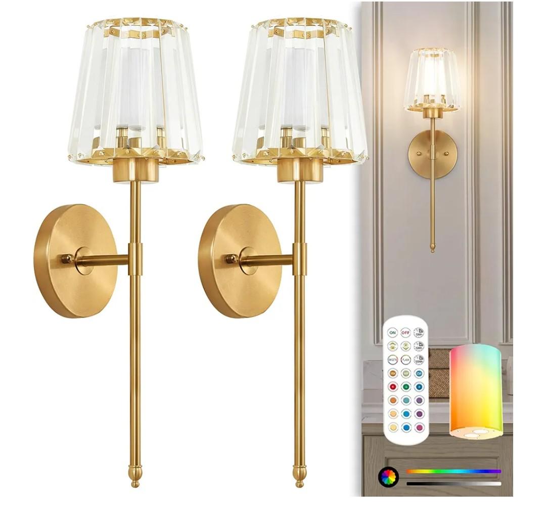Gold Battery Operated Wall Sconces Set of 2 with Remote, Crystal Wireless Sconce with Rechargeable LED Magnetic Bulb, Dimmable 3CCT & 12 RGB Wall Lights for Bedroom, Living Room, Hallway, Staircase