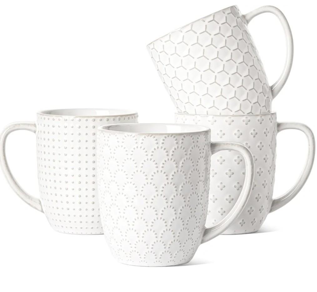 LE TAUCI Coffee Mugs 16 oz,Ceramic Mug Set, Embossment Cups for Latte, Hot Tea, Cappuccino, Mocha, Cocoa, Dishwasher Safe, Suit For Housewarming Wedding- 3.8 inch, Set of 4, Arctic White