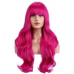 BERON Hot Pink Wig Long Wavy Rose Red Wig with Bangs for Women Daily Party Hairnet Include