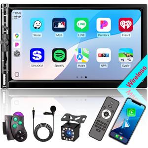 7 Double DIN Car Stereo with Wireless Apple CarPlay Android Auto, Car Radio Bluetooth 5.2, IPS 1024 600 Touch Screen, Backup Camera, FM Radio, Subwoofer, USB,SWC, MIC, Car Audio Receiver,Car Play