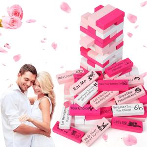 Couple Game for Adults, 54pcs Pink Wooden Lust Tower Game for Naughty Date Night Ideas and Fun Couple Gifts for Her, Unique Stacking Games Gift with 6pcs DIY Blocks