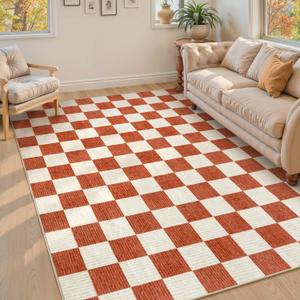 Machine Washable 5x7 Area Rugs for Living Room Checkered, Non Slip Soft Low Pile Farmhouse Halloween Modern Neutral Playroom Boys Rugs for Bedroom, Large Carpet Rugs for Dining Room(Orange,5'x7')