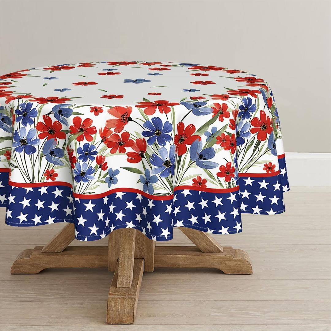 Horaldaily 4th of July Tablecloth 70x70 Inch Round, Patriotic Watercolor Poppy Flowers Independence Day Memorial Day Table Cover for Party Picnic Dinner Decor