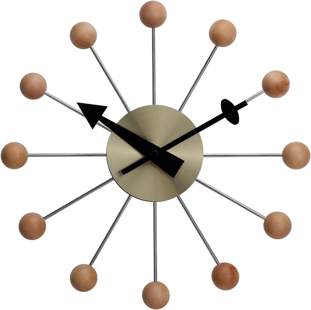 NUOVO 13 Inch Wood Ball Wall ClockMulticolor Mid Century Creative Silent Quartz Personality Funny Decorative Home Living Room Kitchen Office Retro Design Clock