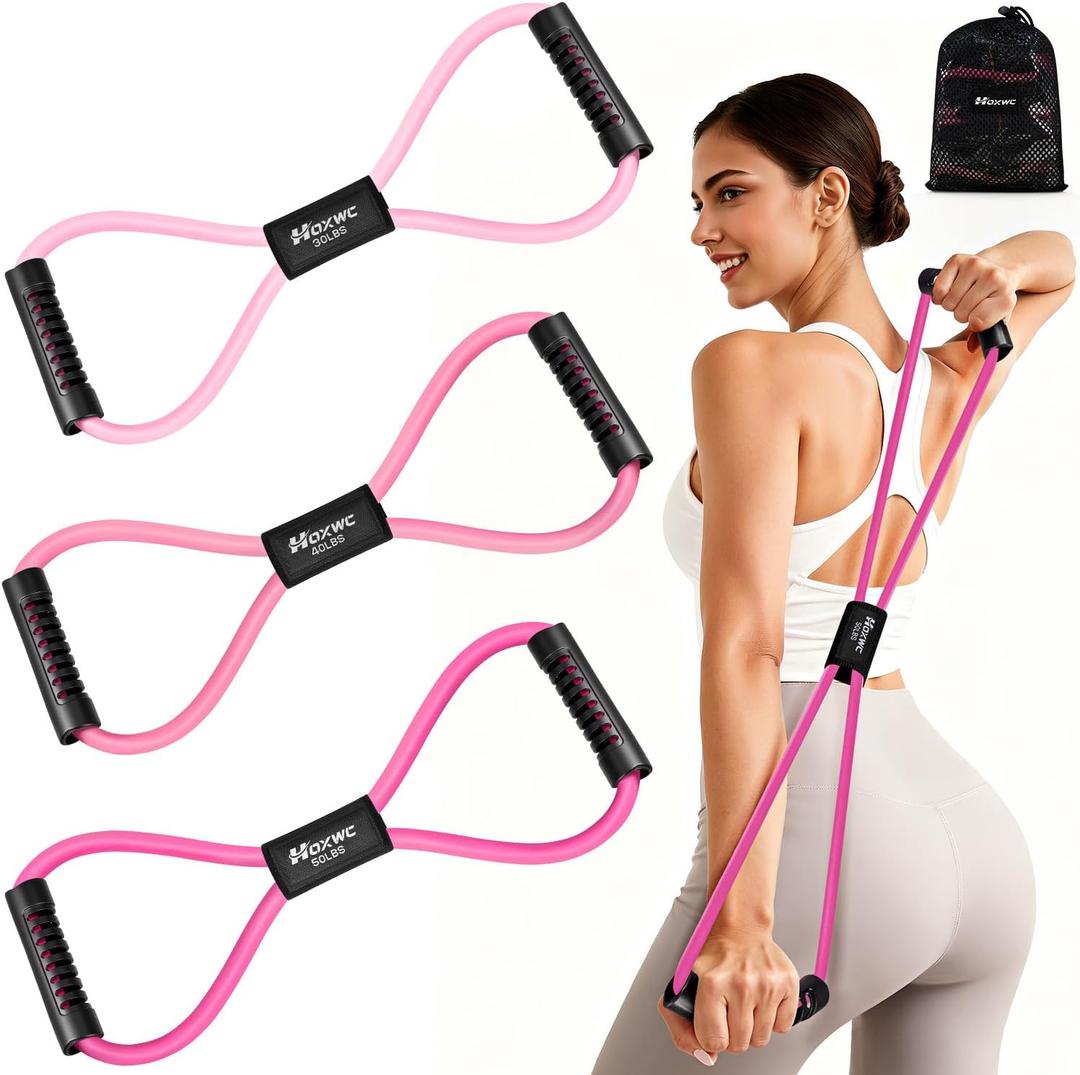 Resistance Bands, Figure 8 Resistance Band, Exercise Bands with Handles, Weights Workout Bands for Arms, Back, Shoulder, Leg, Physical Therapy, Pilates, Home Workout Equipment That Replace Dumbbells (1-Pink)