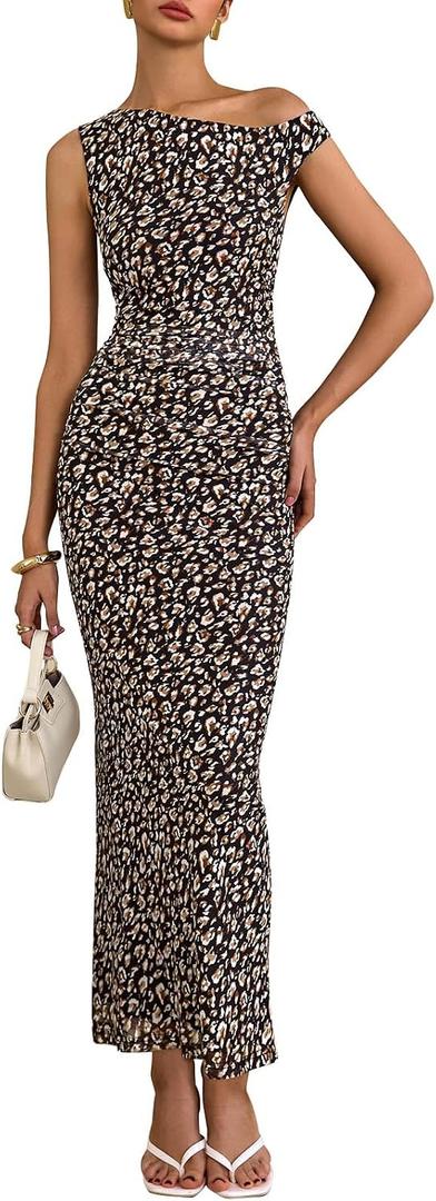 PRETTYGARDEN Women's 2026 Summer Floral One Shoulder Maxi Dress Wedding Guest Ruched Mesh Bodycon Long Cocktail Dresses (Black, L)