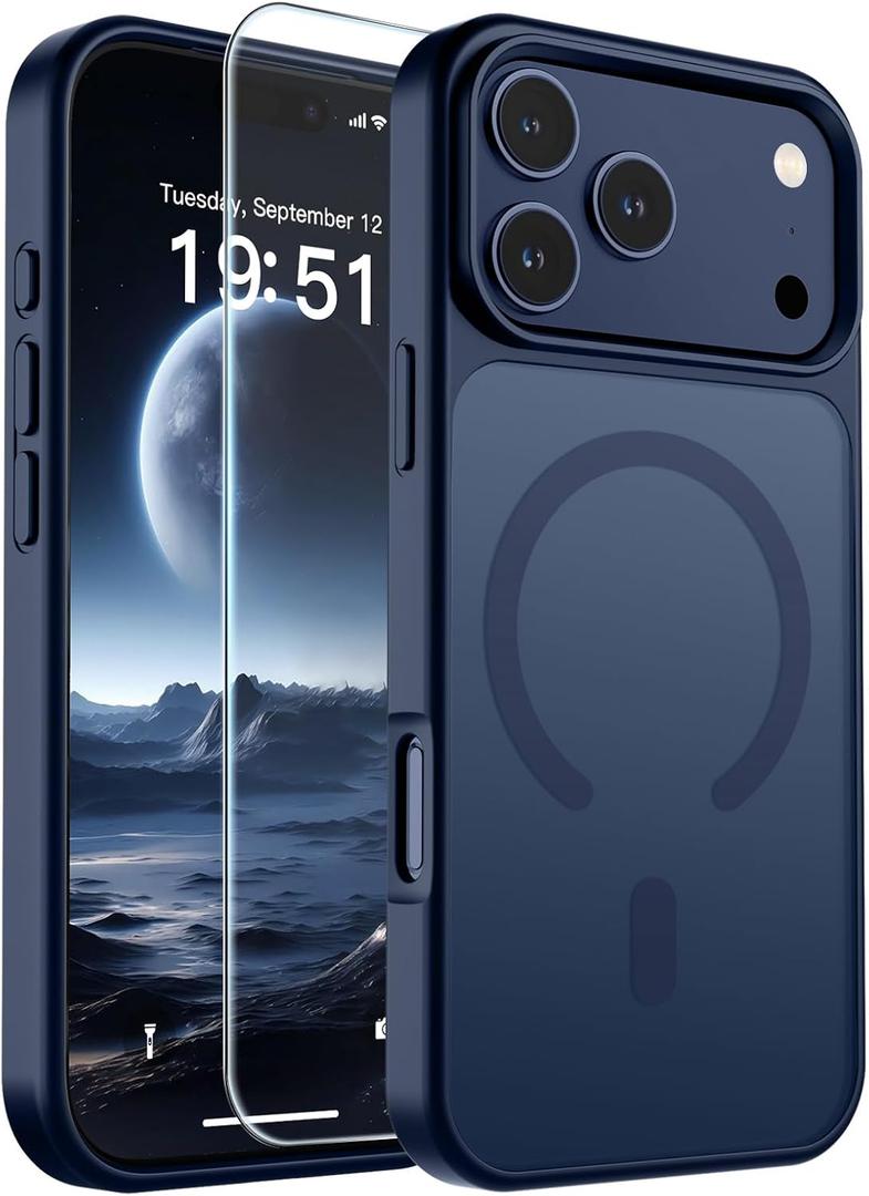 SUPFINE Magnetic for iPhone 17 Pro Max Case with Screen Protector (Compatible with MagSafe)(Military Grade Drop Protection) Translucent Matte Shockproof with Anti-Fingerprint Phone Cover, Dark Blue