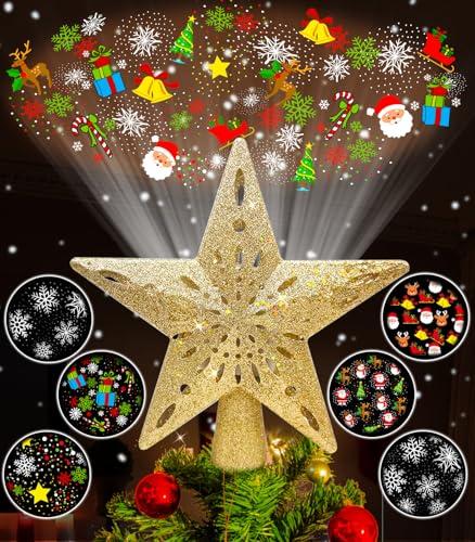 Wninbu Christmas Tree Topper Star Lighted with 6 Projection Modes,Christmas Star Tree Topper Projector Built-in LED Rotating Lights,3D Glitter Dynamic Projector Party Christmas Decorations (Gold)
