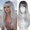 MINLEE Silver Gray Wig with Bangs for Women Long Wavy Silver Wigs 4x4 Realistic Scalp 26 Inch