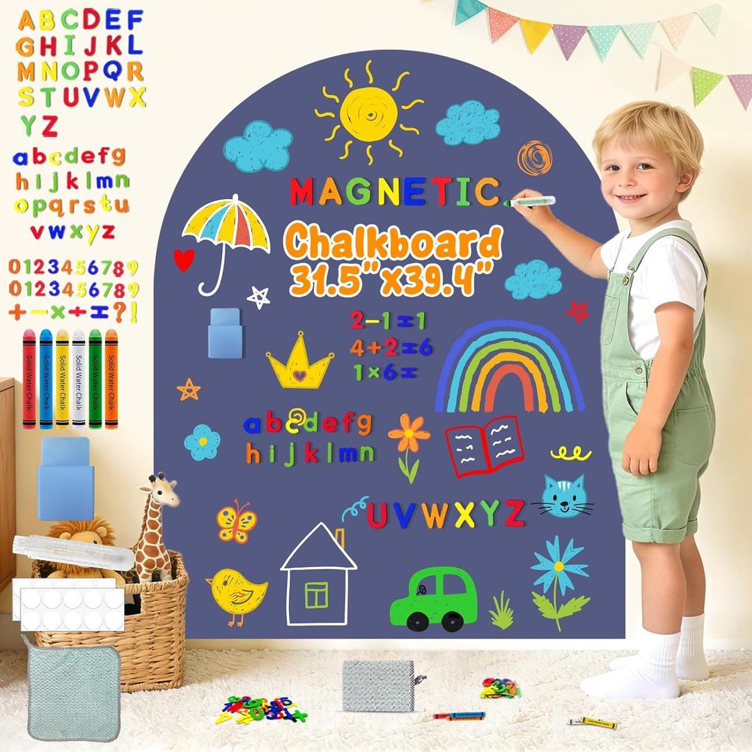 Large Magnetic Wall Decals Kids Navy Blue Magnetic Chalkboard Sticker with 79 Alphabet Letters Magnet Playwall Peel and Stick Dry Erase Board Sticker for Playroom Nursery Classroom Decor 31.5"x39.4"