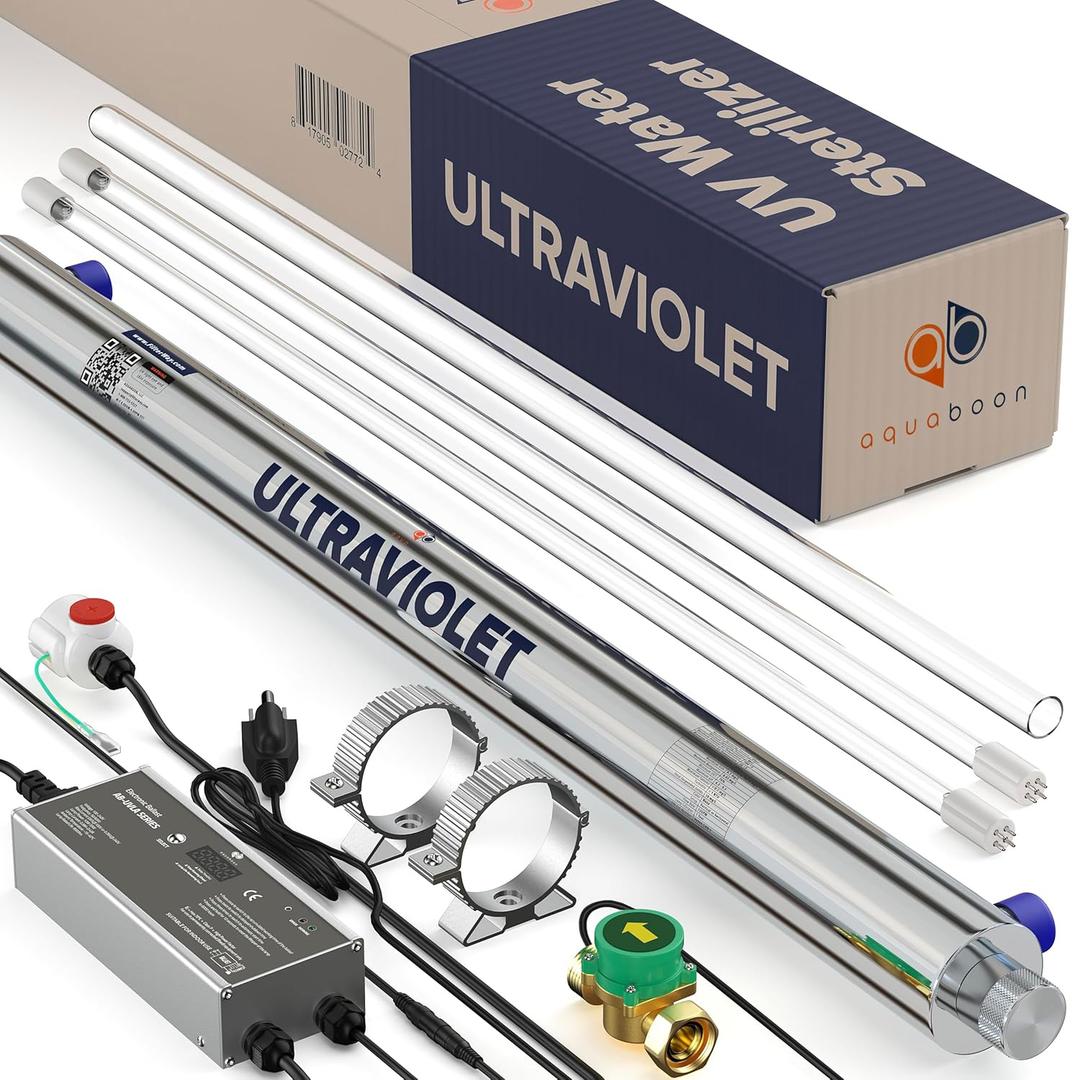 UV Water Purification System 55W, 12 GPM - UV Water Filter with Intelligent Flow Sensor Switch - Whole House UV Water Purifier Ensuring Water Purity - UV Light for Well Water + 1 Extra Lamp