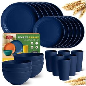 Teivio 24-Piece Kitchen Plastic Wheat Straw Dinnerware Set, Service for 6, Dinner Plates, Dessert Plate, Cereal Bowls, Cups, Unbreakable Plastic Outdoor Camping Dishes, Midnight Blue