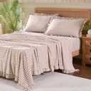 Gingham Queen Sheet Set, Lightweight Super Soft Brushed Microfiber Plaid Bed Sheets with 16" Deep Pocket, 4 Piece Ruffle Farmhouse Bedroom Decor, Taupe
