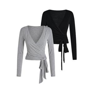 SweatyRocks Women's Pilates Outfits Wrap Tops Ballet Yoga Coquette Shirt Cute Long Sleeve Workout Activewear Black and Grey Medium