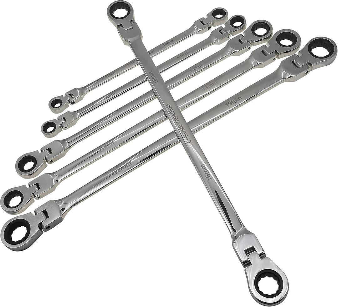 Metric 12 Sizes Extra Long Gear Ratcheting Wrench Set, 8mm-19mm, Made of Chrome Vanadium Steel, Rotatable Head