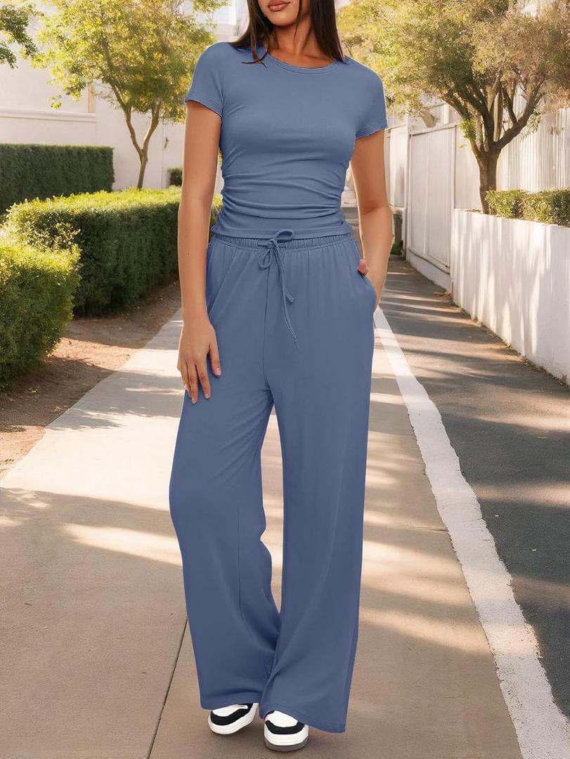 Women's 2 Piece Lounge Set Ruched Short Sleeve Tops High Waisted Wide Leg Pants (Large, Blue)
