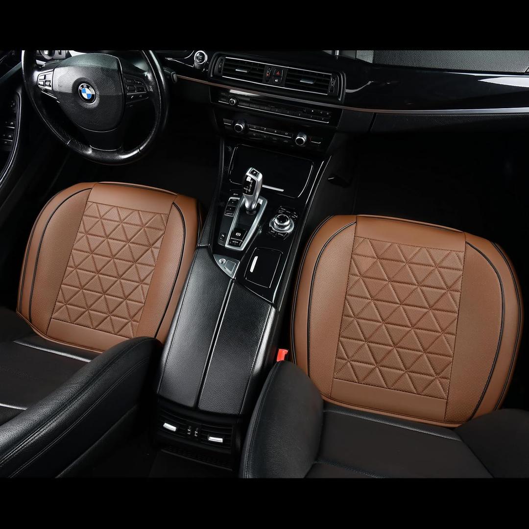 Luxury Leather Front seat Cover, Non Slip All Inclusive with Storage Bag, Suitable for 95% Sedan, SUV, Truck, 2 Piece Coffee