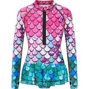 Girls Long Sleeve Rashguard Swimsuit UV Protection One-Piece Swimwear Bathing Suit (11-12 Years, Mermaid Skirt)