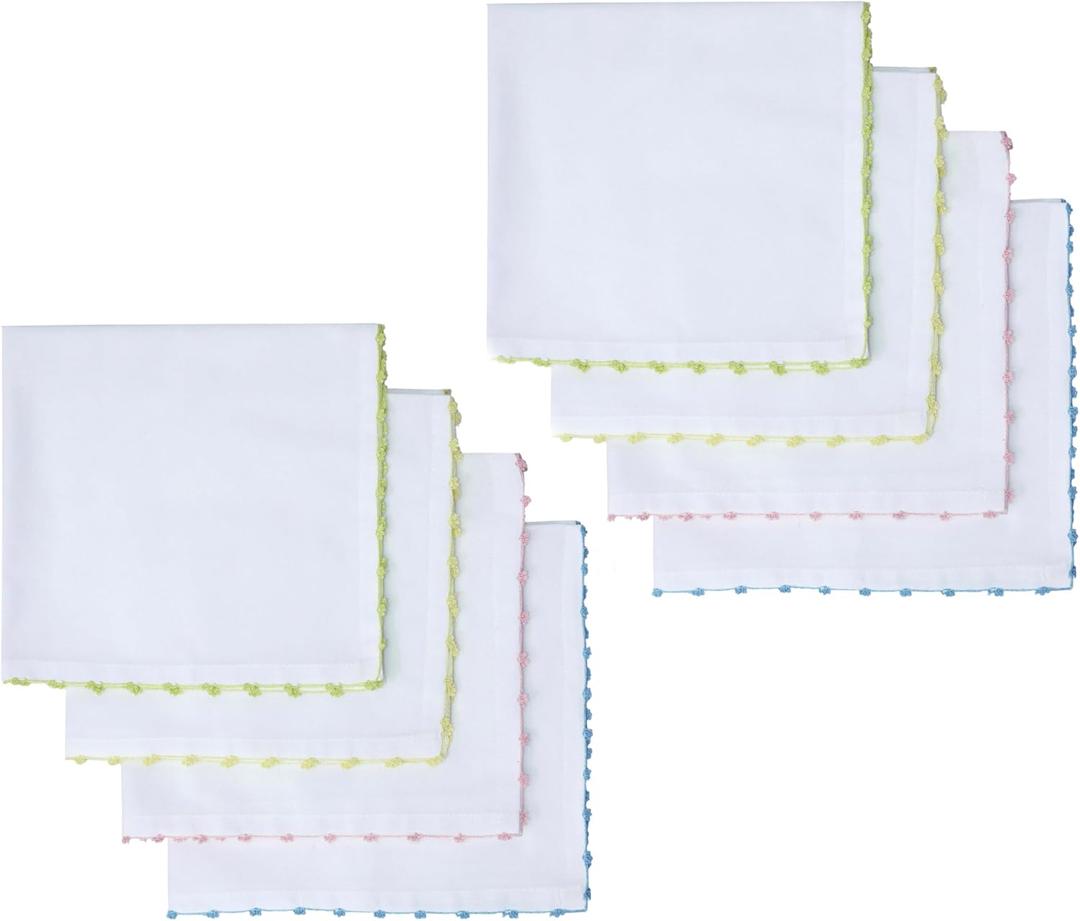 COTTON CRAFT Cloth Napkins - Set of 8 Soft 100% Cotton - White Napkins with Elegant Crochet Border Trim in Pink, Aqua, Yellow, Green Easter Spring Summer Lunch Dinner Serviettes - Multicolor - 17x17