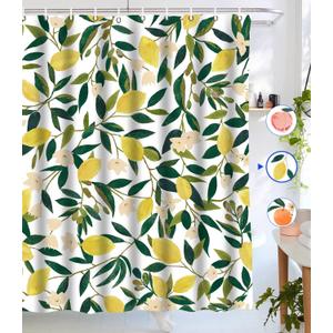 Lifeel Lemon Shower Curtain, Allover Fruits Green Leaves Plant Design Waterproof Fabric Bathroom Curtains Set with 12 Hooks, Green Yellow 7272 inch