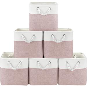 11x11 Cube Storage Bins, 6 Pack Foldable Fabric Organizer Bins with Rope Handles, Storage Cubes for Organizing Bedroom, Living Room, Clothes and Toys, Shelves and Closet (White & Pink)
