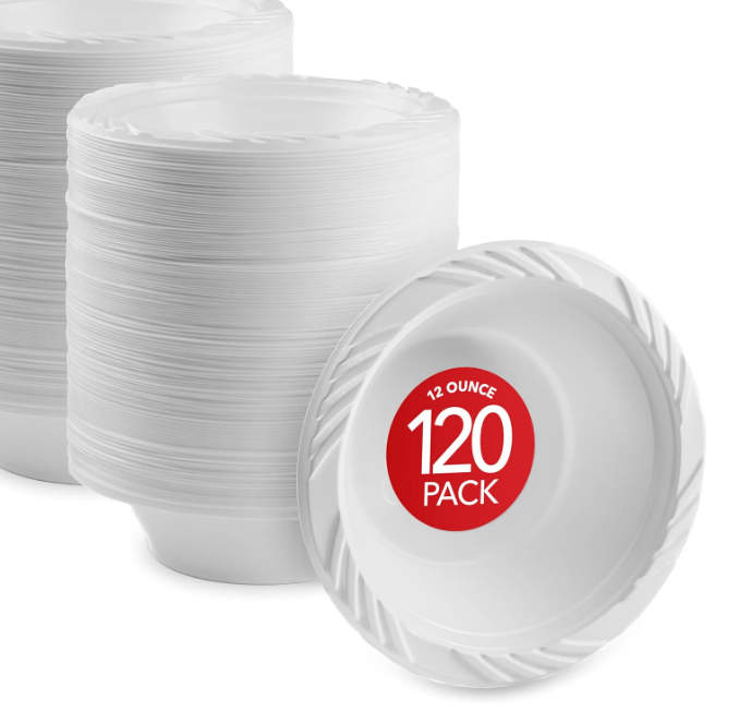 Stock Your Home (120 Pack) 12 oz Elegant White Plastic Bowls for Parties Small Disposable Bowl for Fancy Dinner or Cocktail Party, Soup and Salad, Thick and Sturdy