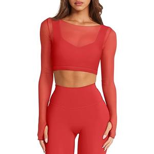 LASLULU Womens Long Sleeve Double Lined Tops Sexy Sheer Mesh Compression Shirts Tight Athletic Workout Shirts Yoga Dance Bra Tops(Red Large)