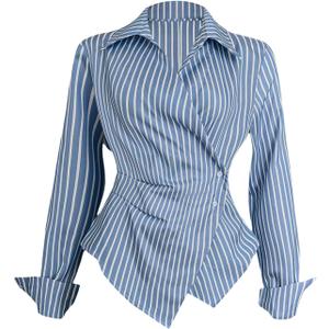GORGLITTER Women's Striped Wrap Button Up Shirt Tops Long Sleeve Collar Work Office Blouse (Large, Blue)