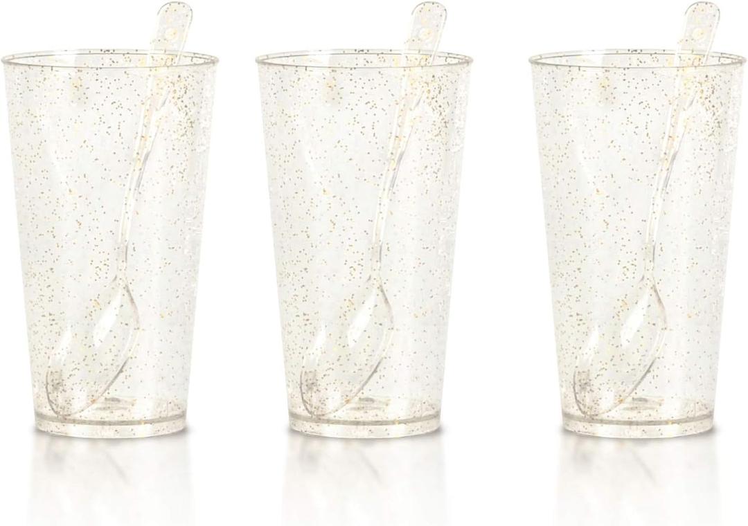 zappy 100 3 Oz Disposable Plastic Straight Wall Shooter Glasses Clear Gold Glitter Dessert Cups and Tasting Spoons - Dessert Shooters Glasses Appetizer Bowls Trifle Bowl Tumbler Shooters