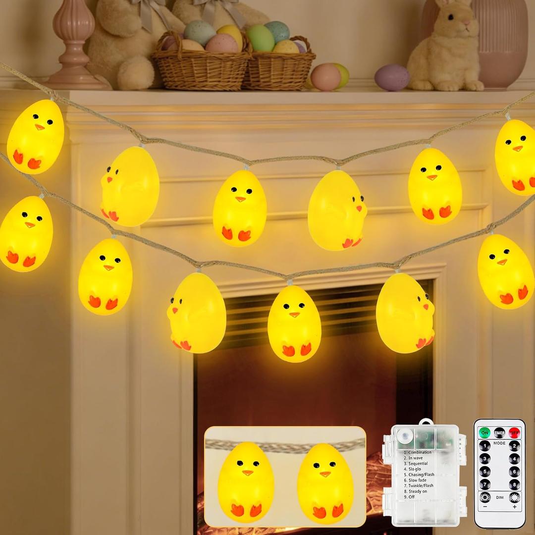 2 x YIQU Easter Decoration String Lights, 10FT 12LED Indoor Chick Mantel Garland Battery Operated with Remote Timer 8 Modes, Hemp Rope Banner for Fireplace Table Wall Spring Party Indoor Outdoor Decor