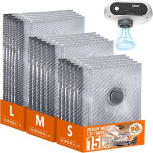 15 Pack Vacuum Storage Bags with -70KPa Electric Pump, Premium Tear-Resistant Reusable Bags for Clothing, Space Saving Essentials for Travel, White