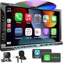 Double Din car Stereo with CD/DVD Player- CarPlay & Android Auto, Car Audio with Bluetooth, 7 Inch HD Touchscreen, Rear Camera, USB/TF/AUX, Subwoofer, AM/FM Radio Receiver