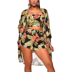 KEYUFANG Women 3 Piece Vocation Outfits Summer Suit Floral Kimono Cardigans Beach Cover Up Crop Cami Top Short Set, M
