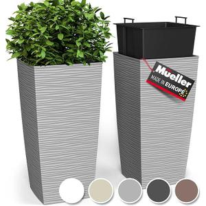 Mueller M-Resin Heavy Duty Tall Planters for Outdoor Plants, Indoor Grande Plant Pots, Boxes, Trees, Flower Pots, 2-Piece Set, 18”, Modern Design, Built-in Drainage, Front Porch Decor, Light Grey