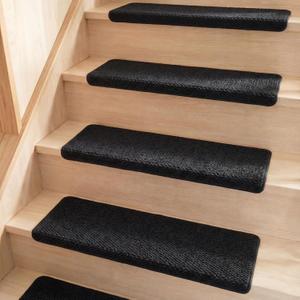 Nuanchu 15 Pcs Bullnose Carpet Stair Treads Non Slip Stairs Treads Washable Bullnose Carpet Pads for Indoor Wooden Steps Pet Safety Rugs (29.5"x9.4",Black)