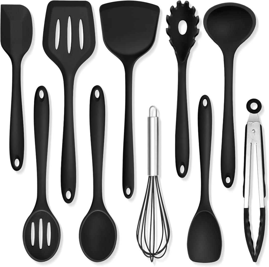 TeamFar Silicone Cooking Utensils, 10 pcs Kitchen Cooking Utensils Set, 446F Heat Resistant Kitchen Gadgets Tools Set w/Spatula, Turners, Spoons, Soup Ladle, Pasta Server for Nonstick Cookware, Black