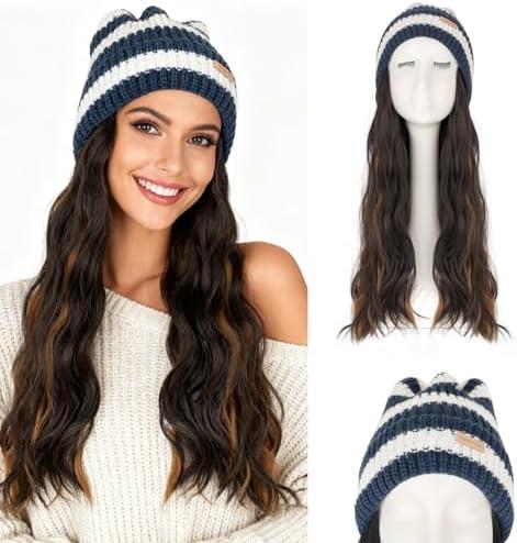 Benehair Beanie Wig for Women with Hair Attached 18'' Long Wavy Synthetic Hair Extensions Knitted Hat Keep Warm in Winter Christmas Gifts Medium Brown&Bleach Blonde
