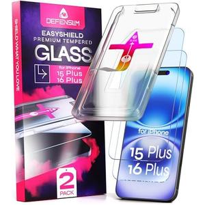 Defenslim Screen Protector for iPhone 15 Plus / 16 Plus (2Pack), Easy Auto-Align Install Kit, 6.7" Tempered Glass, 9H Hardness, Ultra HD Clear, Case Friendly, EasyShield