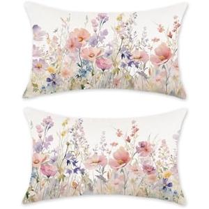 TAJWE Floral Spring Pillow Covers 12x20 Set of 2 Summer Flowers Lumbar Cushion Cases for Couch Sofa Home Decorations