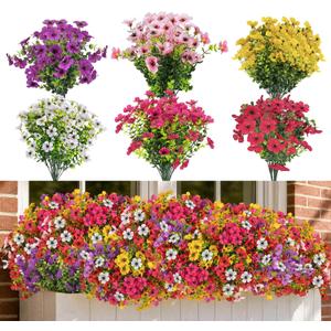 CLEANGOR 48 Pcs Artificial Flowers for Outdoors (6 Color) | UV Resistant Artificial Outdoor Plants, Fake Daisy with Eucalyptus Leaves, for Spring Summer Garden, Porch, Home Decor