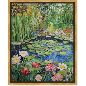 Impressionist Pond Framed Impressionism 1 Piece Canvas Wall Art/Monet And Van Gogh Inspired Art, 31.5" x 37.5", Gold Frame