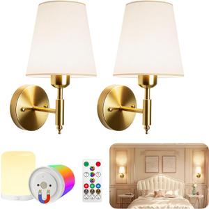 Adetu Battery Operated Wall Sconces Set of Two, Gold Rechargeable Wall Lights with 10000mAh RGB Rechargeable Magnetic Bulb, Battery Wall Sconce with Remote Control for Bedroom Decor, 11.8 Inch