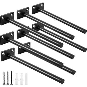 8 Pcs 8" Black Solid Steel Floating Shelf Bracket Blind Shelf Supports - Hidden Brackets for Floating Wood Shelves - Concealed Blind Shelf Support  Screws and Wall Plugs Included