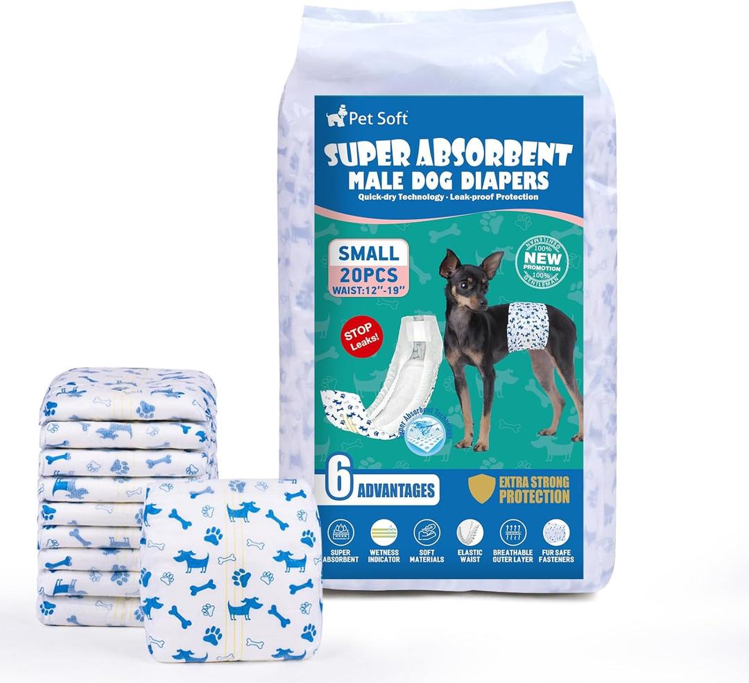 Pet Soft Male Dog Diapers - Disposable Male Dog Wraps Wetness Indicator, Puppy Diapers Male for Excitable Urination or Incontinence, 20pcs Small