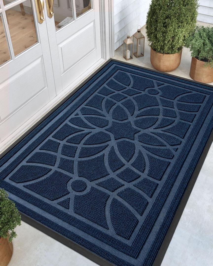 DEXI Front Door Mat Outside Entrance, Heavy Duty Non Slip Low Profile Doormat for Entryway, Trap Dirt and Moisture Welcome Mats, Easy Clean, Patio, Garage, 6x4, Blue