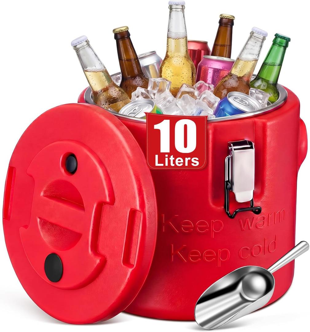 meekoo 10L Large Insulated Ice Bucket for Parties, Double-wall Beverage Bucket with Lid & Scoop, Keeps Champagne, Wine, Beer Chill for Parties Stainless Steel Ice Buckets for Summer Beach Party