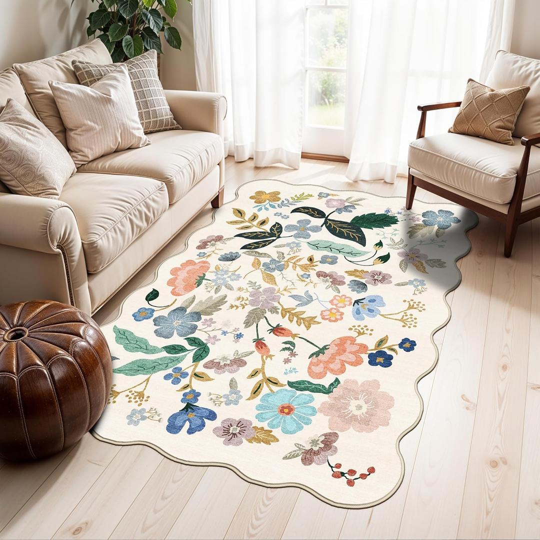 Washable 3x5 Entryway Area Rugs: Ultra Soft Floral Carpet for Kitchen Nursery Indoor Light-Weight Doormat Anti-Slip Elegance Rug for Living Room Bedroom Small Foldable Vintage Floor Mat(3x5,Cream)