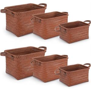 Gisafai 6 Pack Handwoven Wicker Storage Baskets, 3 Sizes Rectangular Woven Laundry Baskets with Leather Handles, Decorative Rattan Closet Organizers and Storage Bins for Shelves, Clothes, Blankets